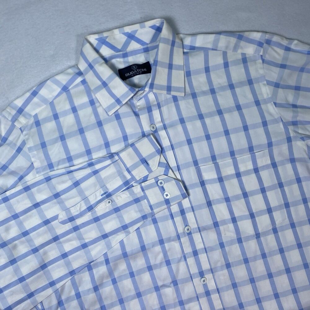 Bugatchi Uomo Shirt Mens Medium Blue Button Up Long Sleeve Plaid Windowpane Soft